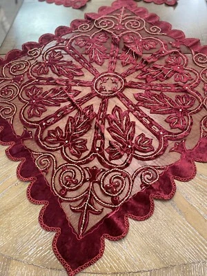 home decor table covers 4 pieces set Velvet Tablecloth ,Bead embroidery ,Red - Image 1 of 4
