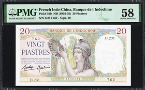 French Indo China 20 Piastres P56b 1936-39 PMG58 Choice aUNC Indochine BEAUTIFUL - Picture 1 of 2