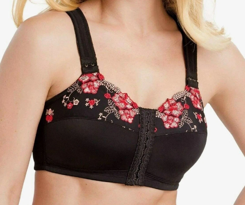 NEW ~ BLACK & RED EMBROIDERY FLOWERS FRONT CLOSE POSTURE BRA SIZE 40D  WIREFREE  - Image 1 of 2