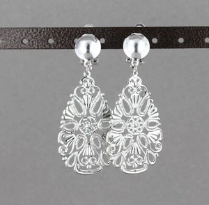 Orecchini clip on argento filigrana lacrima pendente clip leggeri lunghi 2,5" - Foto 1 di 8
