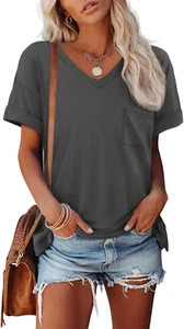 Womens T Shirts 2025 Short Sleeve V-Neck Shirts Cute Fit Summer Casual Tee Tops - Picture 1 of 12