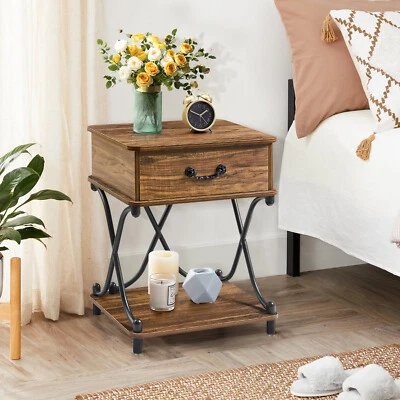 Side End Table Nightstand Storage Shelf with Drawers Bedside Table Metal Frame - Image 1 of 4