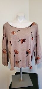 LUCKY BRAND WOMENS MAUVE FLORAL 3/4 BELL SLEEVE ROUND NECK TOP SIZE XL