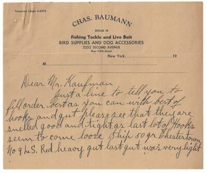 1941 Chas Bauman Fishing Tackle Live Bait Bird Dog Supplies Letterhead - Picture 1 of 3
