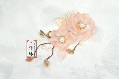 Peine de pelo chino asiático conos dorados con perla de agua flor alfiler naranja hecho a mano Foto 1 de 4