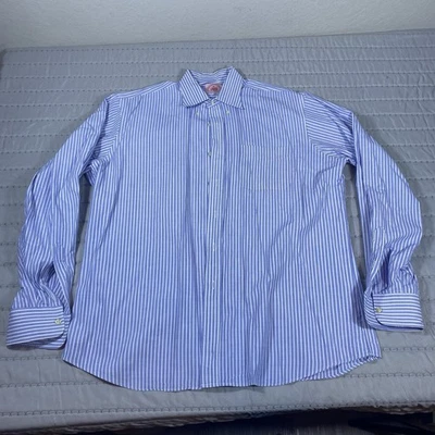 J Press Button Down Shirt Mens 17 36 Vintage Striped Blue Long Sleeve Pocket USA - Image 1 of 4