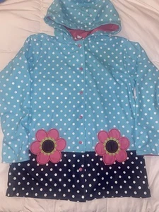 Hartstrings Girls Rain Jacket Blue Pink Flowers Snap Raincoat Size 7 8 Pockets - Picture 1 of 9