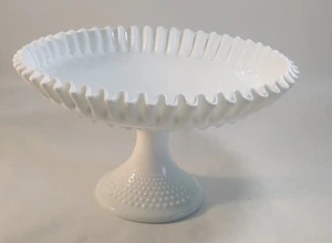 Vtg Fenton Hobnail Cake Plate Milk Glass Ruffled Edge Pedestal Footed 11” X 7” - Picture 1 of 9