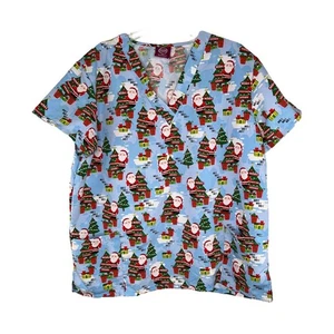 Blusa Médica Holiday Mujer Talla 1 Navidad Santa Trineo Árboles "Ho Ho Ho" - Imagen 1 de 9