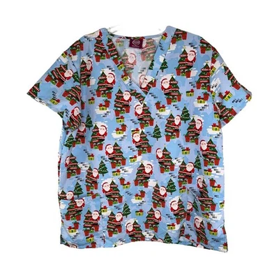 Holiday Scrubs Top woman’s Sz 1XChristmas Santa Sled Trees “Ho Ho Ho” - Image 1 of 4