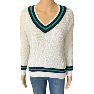 Nicole Miller New York Sweater Cotton Cable Knit Vneck Tennis Sweater - Size XS - Picture 1 of 7