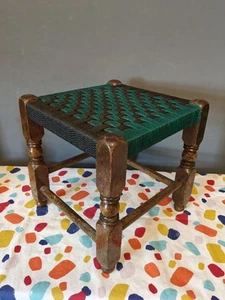 Vintage Wooden Wicker Woven Stool Square Small 70s 80s Green Black - Picture 1 of 18