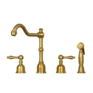Grifo de cocina estándar de montaje en cubierta de 2 asas con rociador lateral en oro cepillado - Imagen 1 de 6