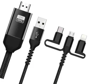 New 3 in 1 Black Cable Micro USB + USB-C / Type-C + 8 Pin to HDMI HDTV - Picture 1 of 9