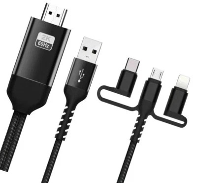 New 3 in 1 Black Cable Micro USB + USB-C / Type-C + 8 Pin to HDMI HDTV - Image 1 of 4