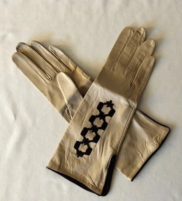 Guantes crema para damas de la década de 1940 con ribete marrón forrados de seda talla 7 cuero para niños Francia Foto 1 de 4
