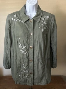 Chicos Damen Leinenmischung Blumen Salbei Jacke Größe 2 - Bild 1 von 18