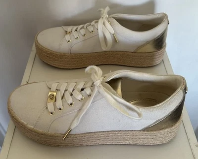 Michael Kors Canvas Espadrille Platform Sneakers Gold Ivory Lace Up 8.5M - Image 1 of 4