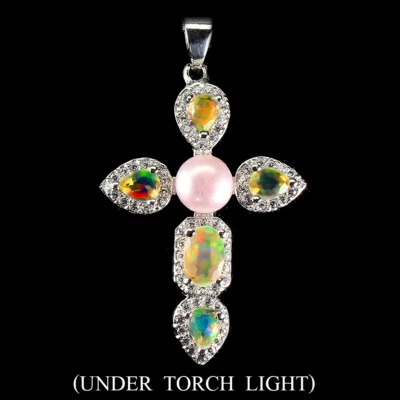 925 Sterling Silber Anhänger Oval Feuer Opal 6x4mm Perle Cz Kreuz Edelstein - Bild 1 von 4