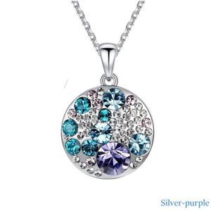 Elegant Fashion Silver Purple Round Crystals Pendant Necklace Party Jewelry