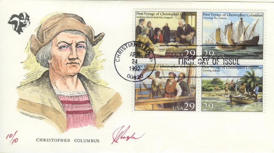 #2620-2623a Block of 4 Voyages of Columbus PUGH Hand-painted Color Cachet 10/10 - Image 1 of 1