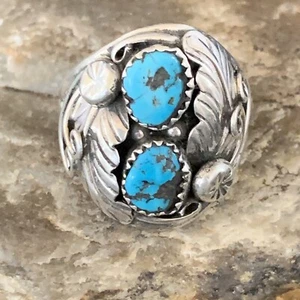 Blue Kingman Turquoise 2 Stone Navajo Sterling Silver Ring Size 11.5 14125 - Picture 1 of 12