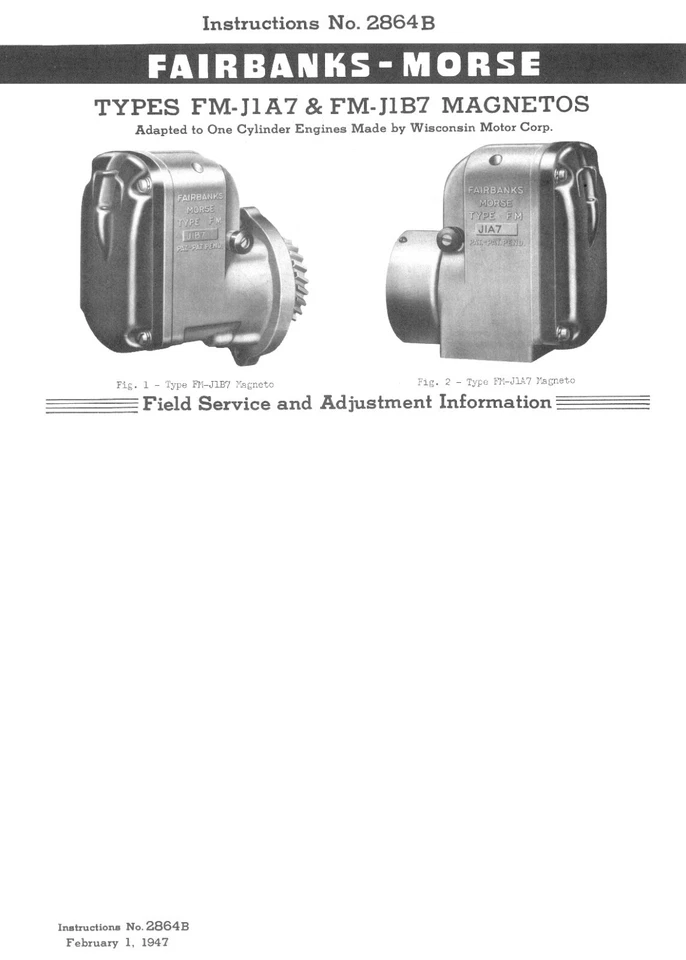 Fairbanks Morse FM-J1A7 & FM-J1B7 Magnetos Instructions No. 2864B Service Manual - Imagem 1 de 4
