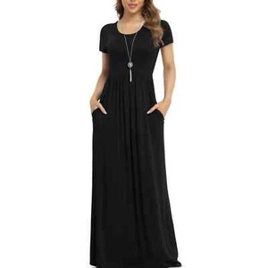 Asklazy Women's Short Sleeve Long Maxi Dress with Pockets, US Sizes, Black XL - Picture 1 of 5