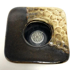 Brown and Tan Glazed Ceramic Square Tile with Flower Frog Insert Handmade - Picture 1 of 5