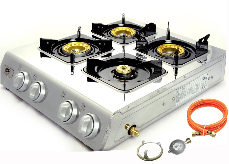 NGB-400 Edelstahl Gaskocher 4 flammig 12 KW Gasherd Campingkocher WOK Topfträger - Bild 1 von 4