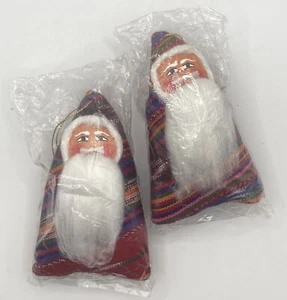 Plush Fabric Folk Art Santa Ornaments Made In Guatemala New- Set Of 2 - Picture 1 of 4