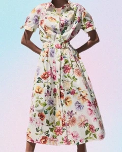 ZARA 2025 WHITE ROSES GARDEN BLOOM 100% COTTON FLORAL BOTANICAL SHIRTDRESS L - Picture 1 of 12