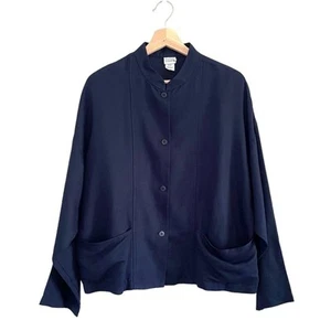 Eileen Fisher Linen Blend Relaxed Button Front Boxy Topper Jacket Navy Medium - Picture 1 of 11