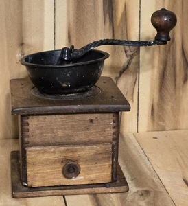 Antique Victorian Hand-Crank Coffee Grinder Mill Wood Metal Dovetail - Picture 1 of 5