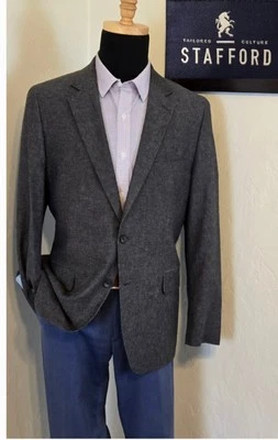 Blazer Stafford Lino Algodón 42R Abrigo Deportivo Chaqueta Informal Gris Cabeza de Uñas 2 Botones Foto 1 de 4