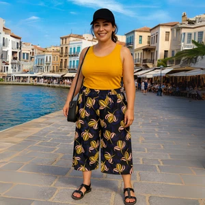 PANTALONES DE MUJER SEÑORA TALLA GRANDE AZUL MARINO MOSTAZA CINTURA ELÁSTICA 3/4 PALAZZO BRAZZO CALZONCILLOS - Imagen 1 de 3