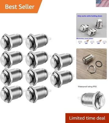 10pcs Waterproof Momentary Push Buttons - Stainless Steel, 12mm,  Certified - Image 1 of 4