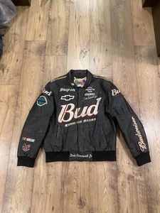 Vintage 90s Jeff Hamilton Budweiser NASCAR Leather Jacket Size M READ - Picture 1 of 11