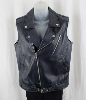 Theory Women's Navy Blue 100% Leather Zip Buckle Moto Vest Size Small - Image 1 of 4