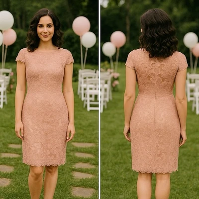 Vestido Tadashi Shoji Chantilly de encaje hasta la rodilla manga gorra rosa suave usado una vez-10 Foto 1 de 4