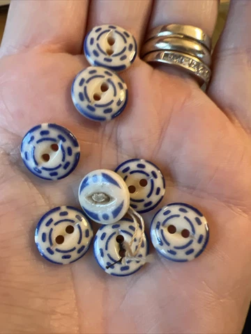 8 Antique Button Blue China Stencil Pattern Diminutive 3/8" Hard To Find Cover