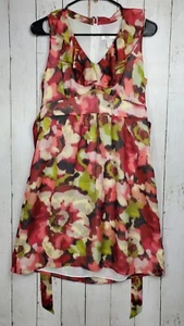 ANN TAYLOR Floral Watercolor Ruffle Tie Waist Red Green Dress Size 6 Petite EUC - Picture 1 of 8