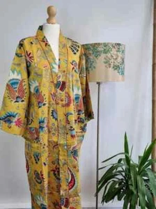 Indian Vintage 100% Cotton Long Beach Maxi Kaftan Dress One Size Caftan Kimono - Picture 1 of 4
