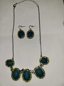 Vintage Necklace Matching Earring Set Silver Green Crystal Beaded - Picture 1 of 5