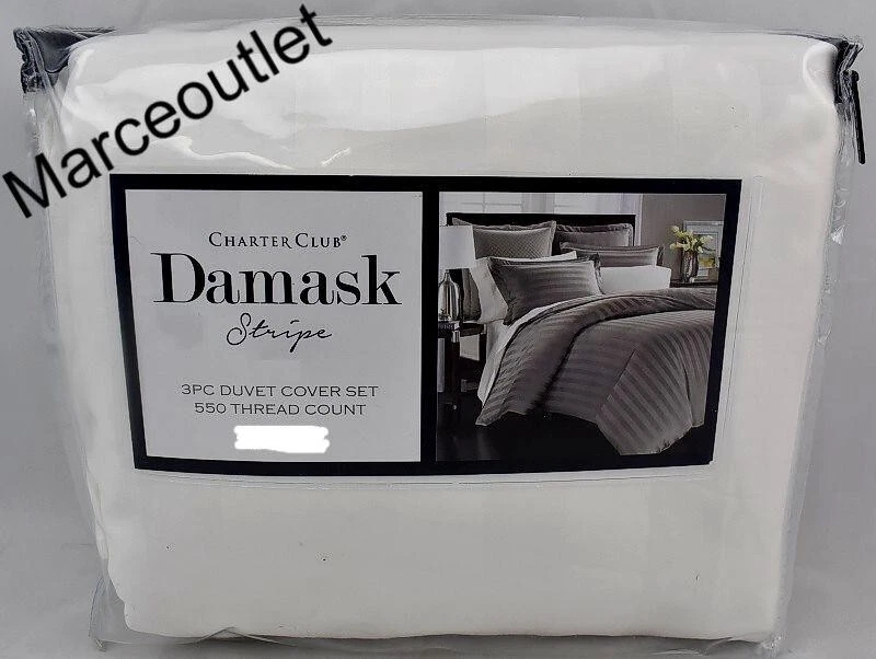 Charter Club Damask Stripe 550 Thread Count KING Duvet & Shams Set White - Image 1 of 4