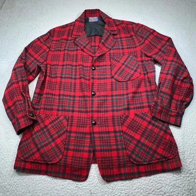Vintage Pendleton Jacket Men Large Red Wool Blazer Tartan Plaid Leather Buttons - Image 1 of 4