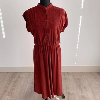 Vintage 70s Rust Velour Cap Sleeve Twee Mandarin Collar Fit Flare Dress 15 - Image 1 of 4