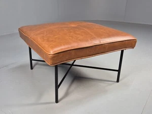 Vintage Footstool Brown Faux Leather Metal Base Retro EB8518 MFOO - Picture 1 of 11