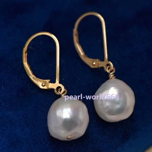 11-12mm Natural South Sea AAA White Baroque Pearl Lever Back Earrings 14k Gold P - Picture 1 of 3