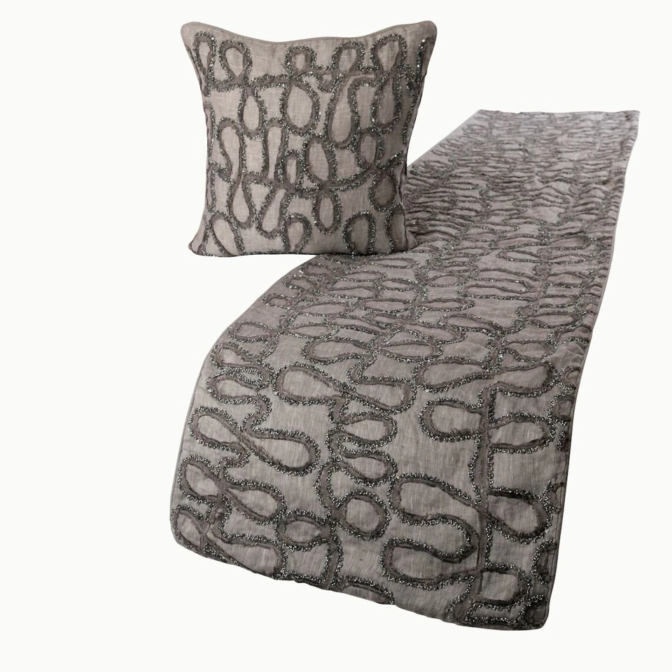 Decorative King Bed Runner Gray, Embroidery Linen Bed Scarf - Grace Forever - Image 1 of 4